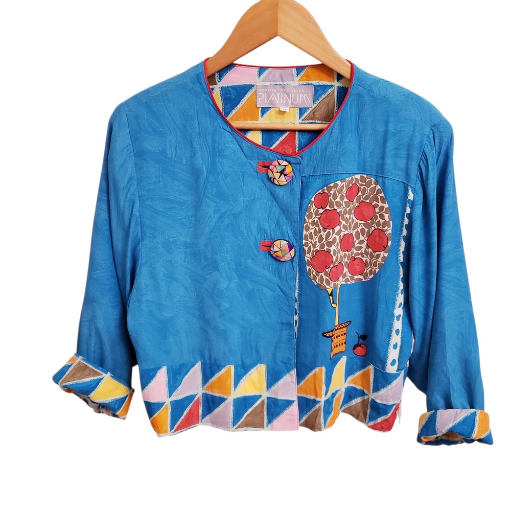 NWT Dorothy Schoelen Platinum Blue Cherry Tree & Geometric Priny Cropped Jacket